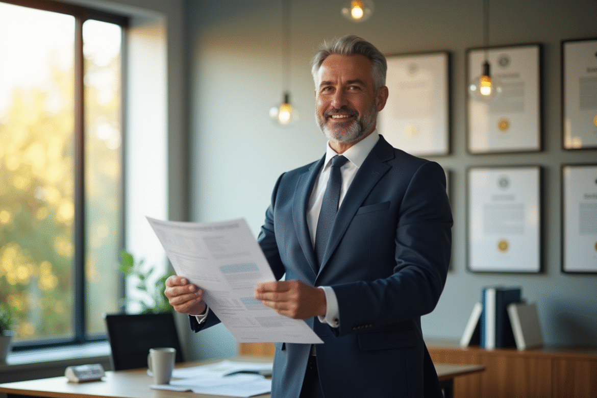 Comptable senior confiant dans un bureau lumineux avec rapport financier