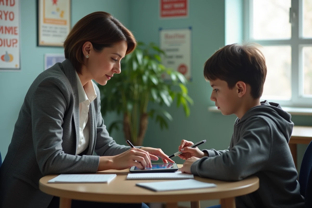 Conseillère d'orientation aidant un lycéen à utiliser une liste de métiers sur une tablette lors d'une séance de conseil scolaire