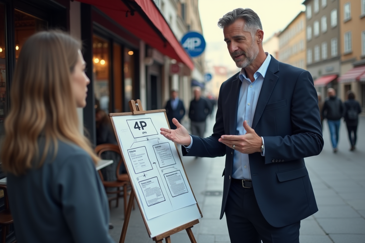 Consultant marketing présentant un diagramme en extérieur