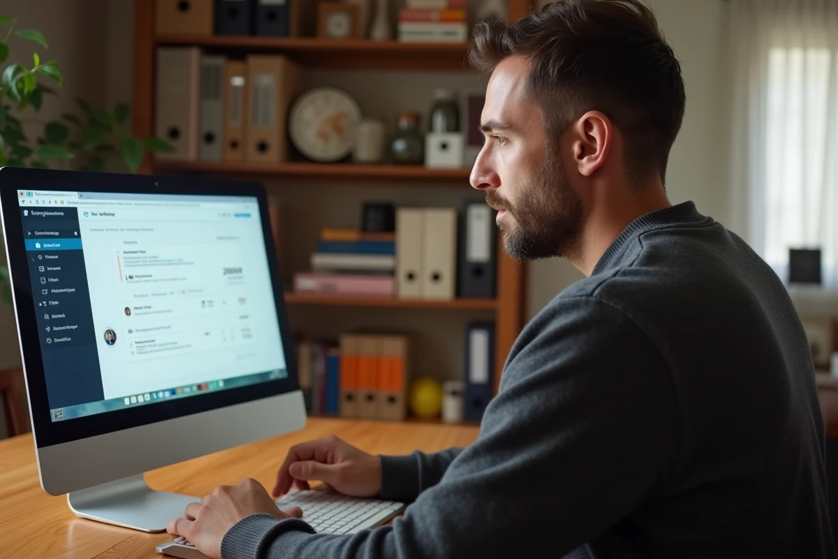Homme consultant son bulletin de salaire en ligne sur le portail académique depuis son domicile
