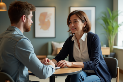 Femme et jeune homme en discussion dans un bureau moderne