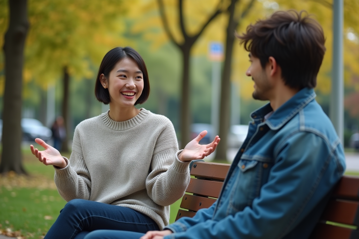Jeune femme parlant avec un homme sur un banc dans un parc