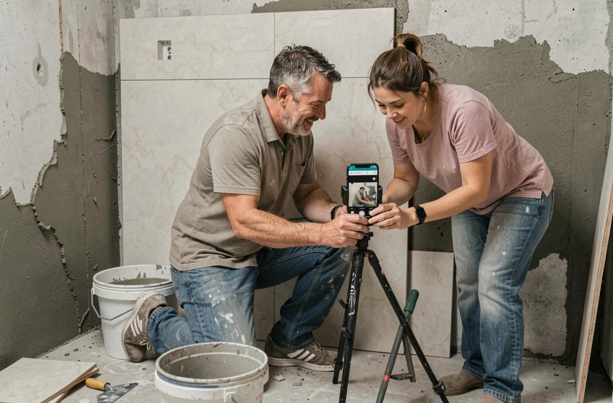 Couple apprenant à poser du carrelage en suivant un tutoriel bricolage en ligne dans une salle de bain en rénovation