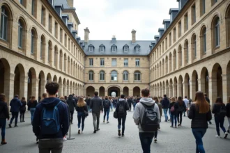 Cour intérieure animée du plus grand lycée de France avec des élèves en pause, architecture institutionnelle imposante en pierre calcaire