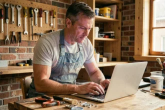 Homme adulte suivant un cours de bricolage en ligne sur un ordinateur portable dans un atelier maison bien équipé