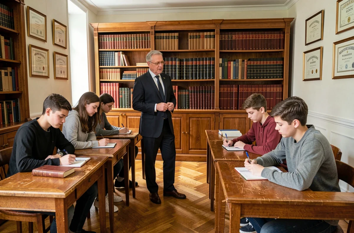 Professeur expérimenté des Cours Legendre dispensant un cours à de jeunes lycéens dans une salle de classe traditionnelle et élégante d'un établissement privé.