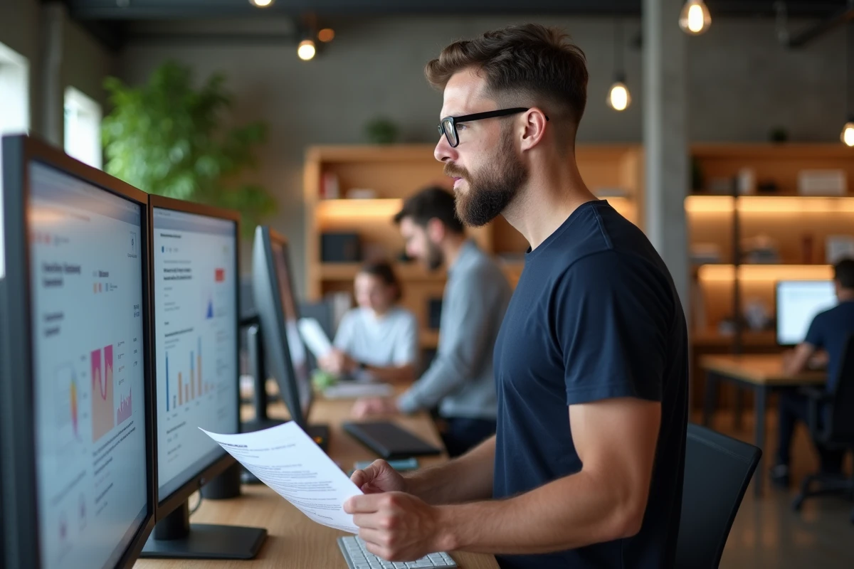 Créateur de formation analysant des statistiques d'emailing dans un espace de coworking moderne