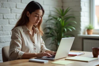 Créatrice de formation en ligne rédigeant une campagne emailing depuis son bureau à domicile