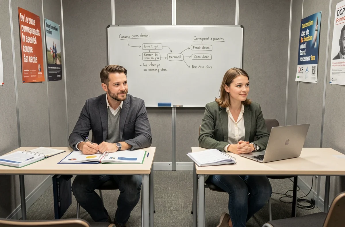 Deux adultes en formation dans une salle de cours de DCP Formation, organisme de formation professionnelle