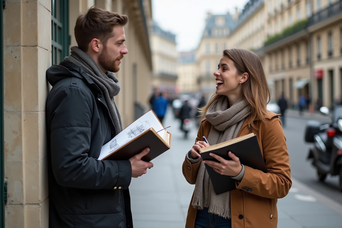 Deux étudiants discutant dans la rue parisienne