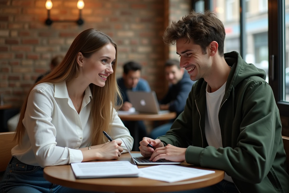 Deux étudiants qui travaillent ensemble sur des exemples de dissertation corrigés dans un café
