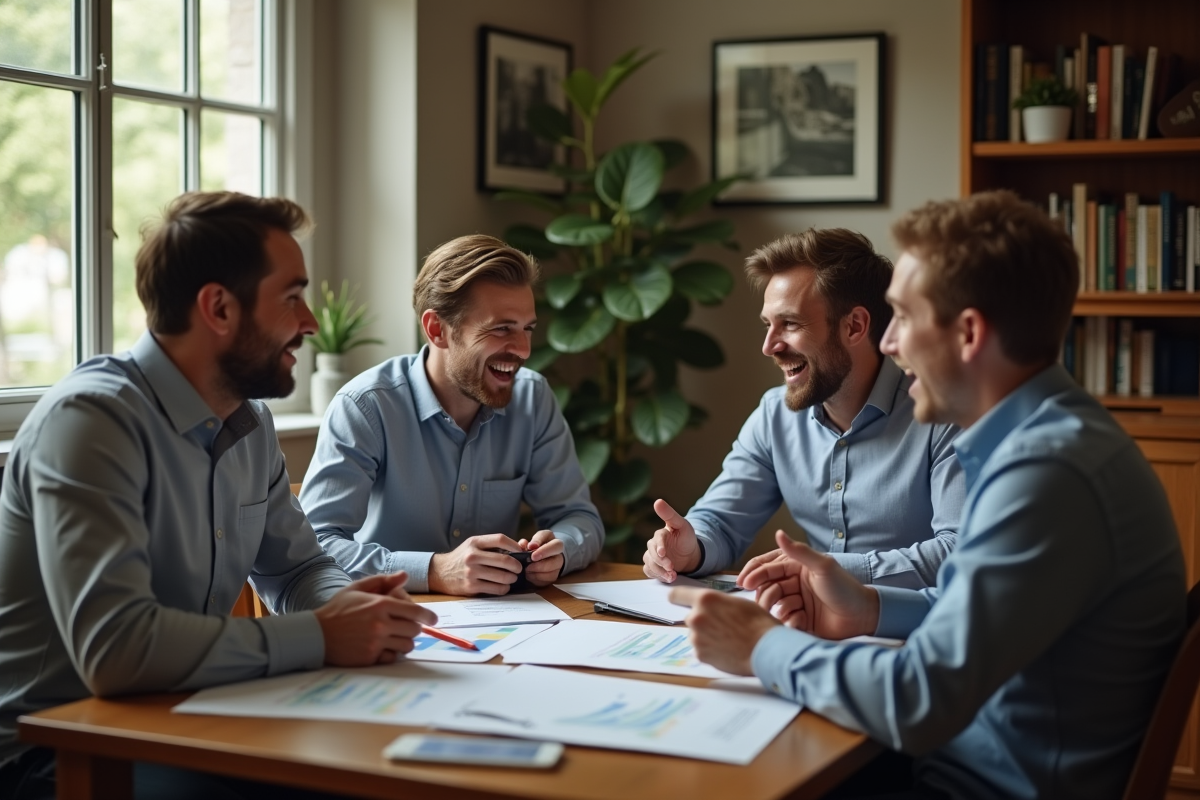 Groupe en discussion dans un intérieur cosy avec documents