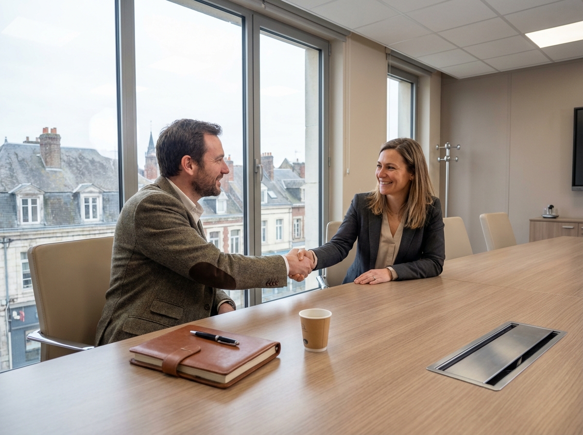Homme et femme se serrant la main en réunion