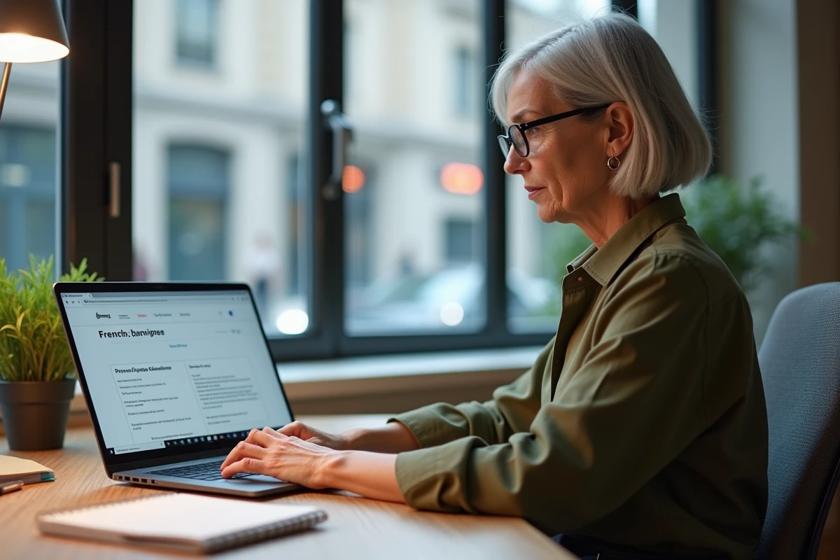 Éditrice professionnelle travaillant sur un exercice de conjugaison du verbe connaître au passé simple sur un ordinateur portable dans un bureau à domicile moderne