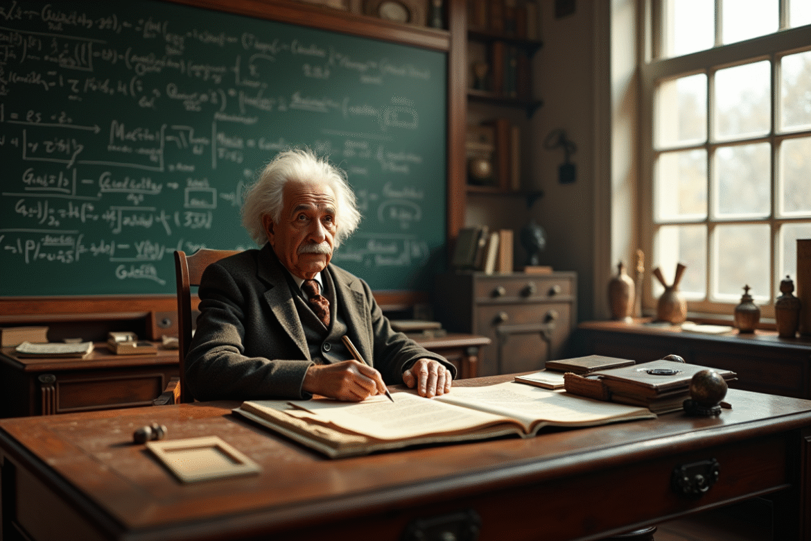 Albert Einstein à son bureau avec équations de quantum