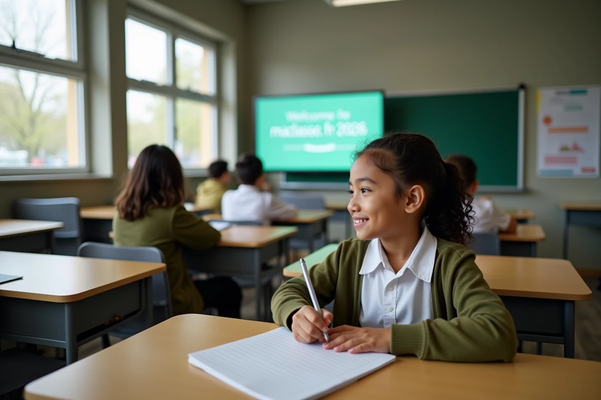 Élève de 12 ans dans une salle de classe française consultant maclasse.fr 2026 sur un écran interactif lors de la rentrée scolaire