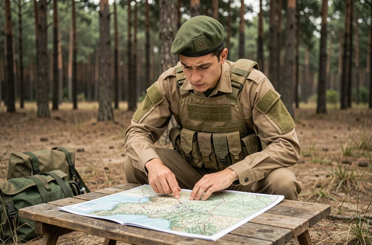 Élève officier de Saint-Cyr étudiant une carte topographique lors d'un exercice de terrain en forêt