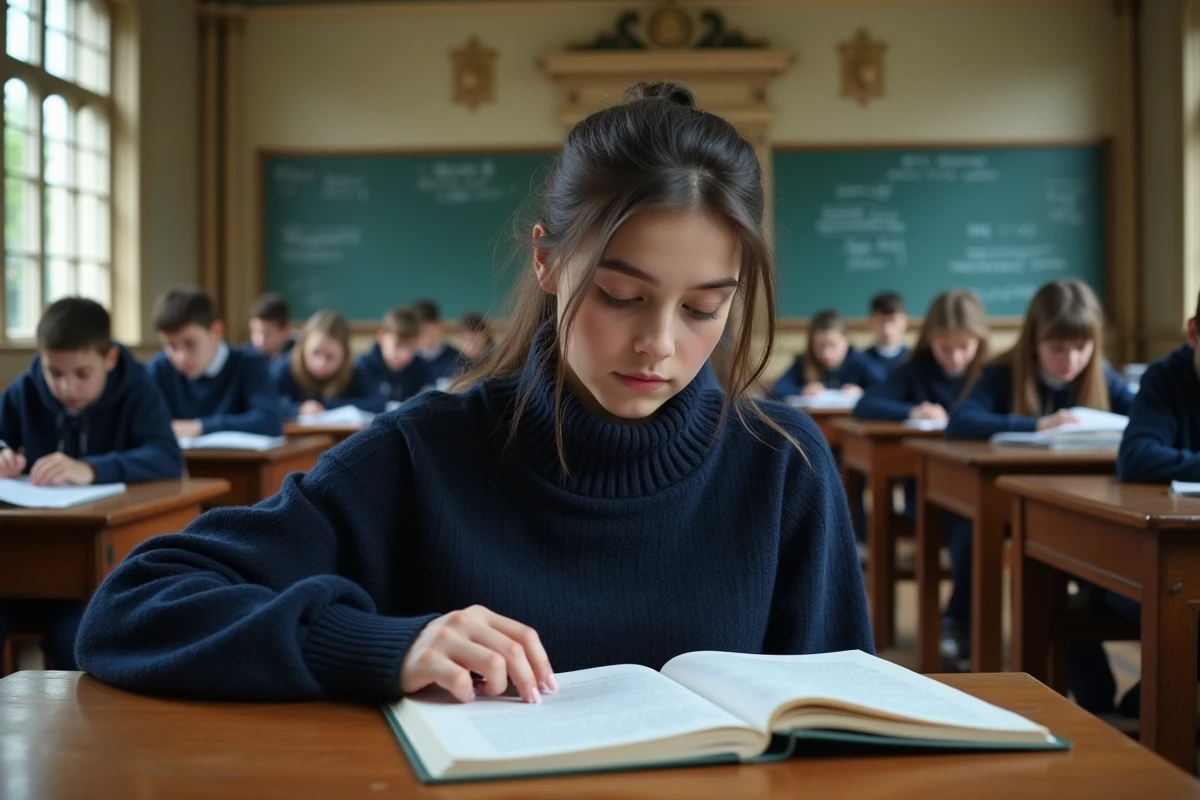 Élève lycéenne concentrée dans une salle de classe historique d'un grand lycée européen avec plafonds ornementaux et tableaux noirs