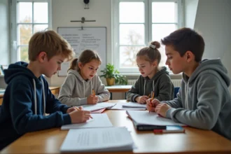 Élèves de collège révisant leurs résultats au Brevet dans une salle de classe moderne