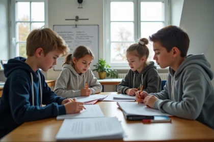 Élèves de collège révisant leurs résultats au Brevet dans une salle de classe moderne