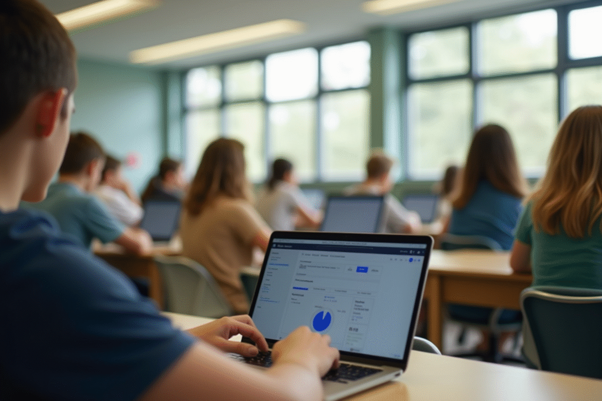 Jeunes au lycée dans une salle lumineuse utilisant des ordinateurs