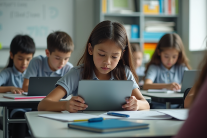 Groupe d'élèves au collège concentrés sur leurs tablettes