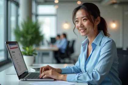 Femme employée accédant à ses bulletins de salaire sur le portail PIA Académie Orléans Tours depuis son bureau