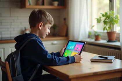 Enfant de 10 ans utilisant la plateforme maclasse.fr sur une tablette à la maison lors de la rentrée scolaire 2026