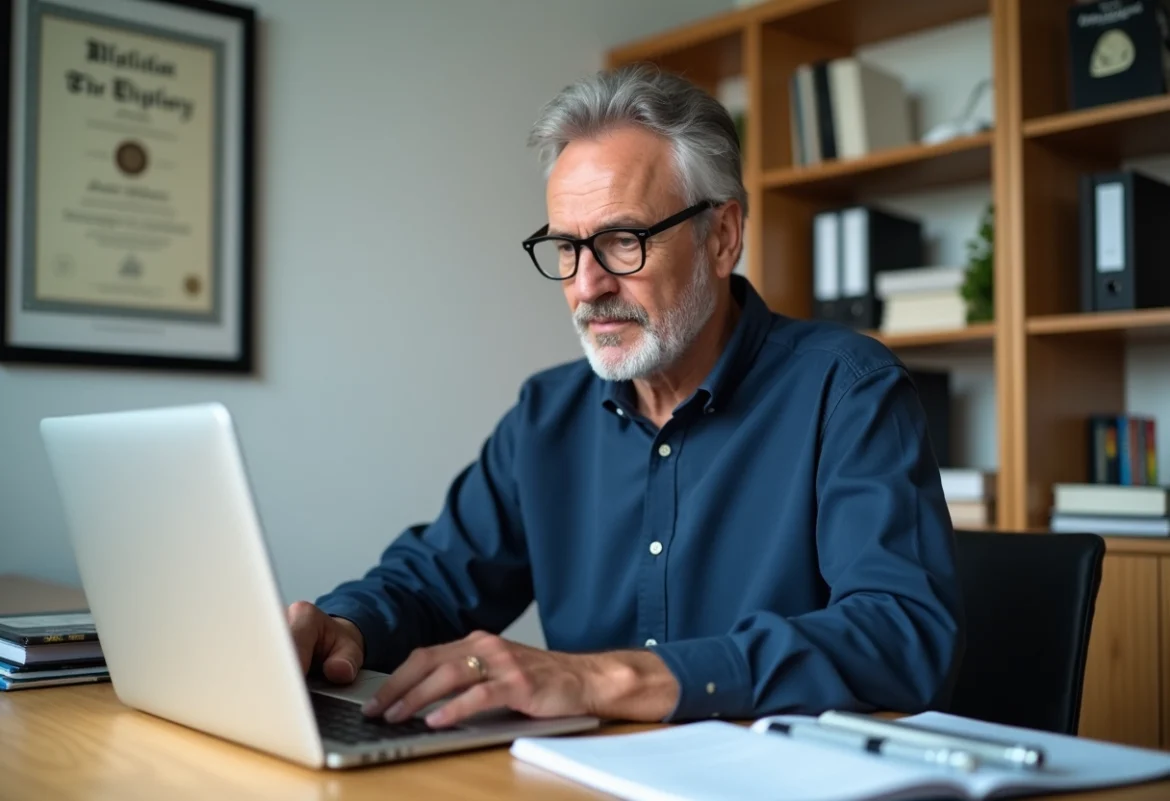 Professeur en bureau académique lisant un email