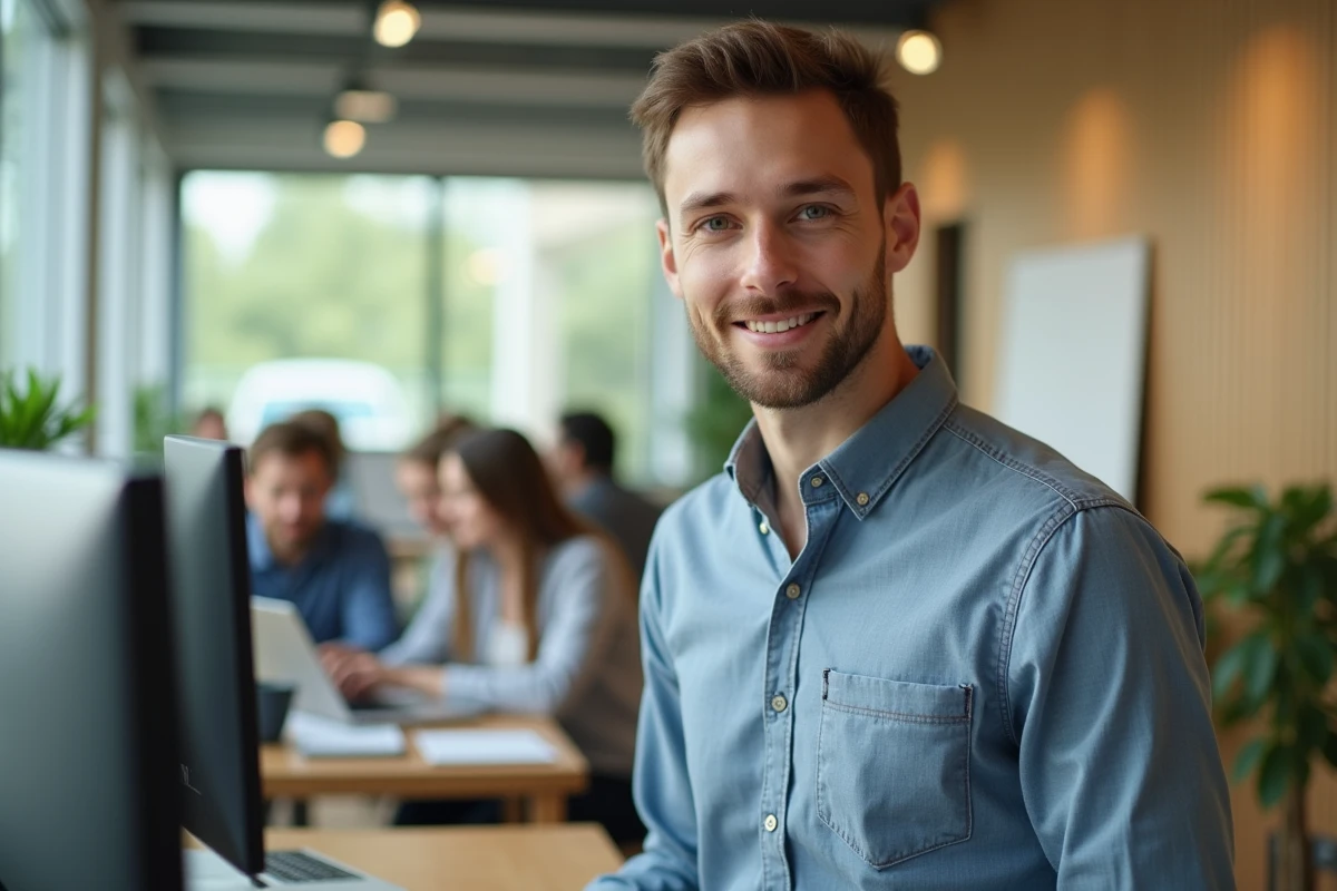 Jeune enseignant dans un espace de travail moderne avec collègues