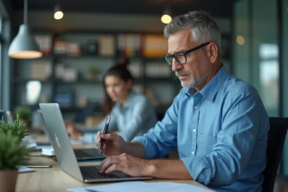 Enseignant homme avec badge securite dans un bureau professionnel