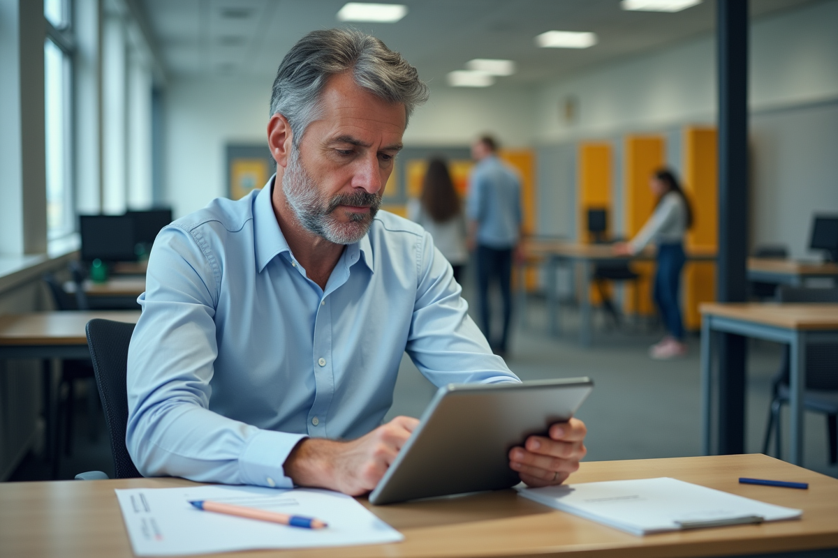 Professeur vérifiant des devoirs numériques dans une salle du personnel