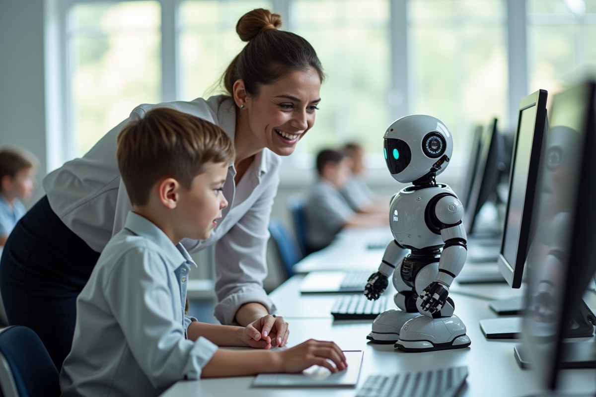 Enseignante aidant un élève avec un robot éducatif en classe