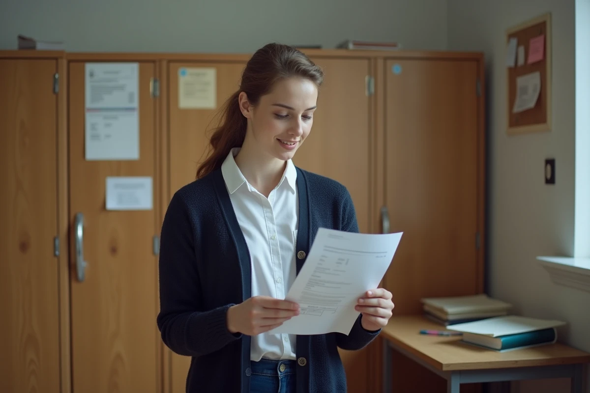 Enseignante vérifiant son bulletin de salaire imprimé dans la salle des professeurs d'un établissement scolaire
