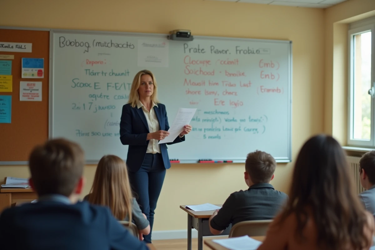 Enseignante de collège présentant les résultats scolaires devant sa classe en Normandie