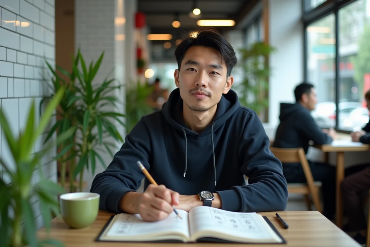 Homme étudiant les caractères chinois mandarin dans un café moderne avec un manuel ouvert