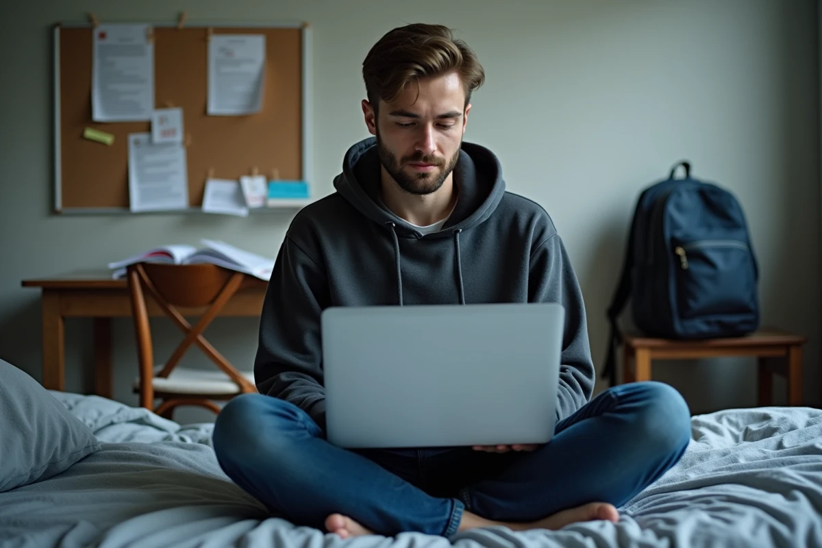 Étudiant archivant ses fichiers de cours Moodle en fin d'année universitaire depuis sa chambre de résidence
