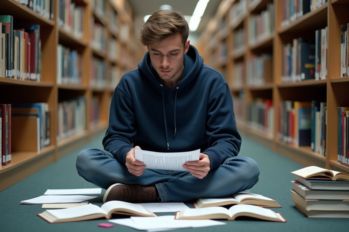 Étudiant assis au sol d'une bibliothèque universitaire entouré de sujets de dissertation et de fiches d'entraînement