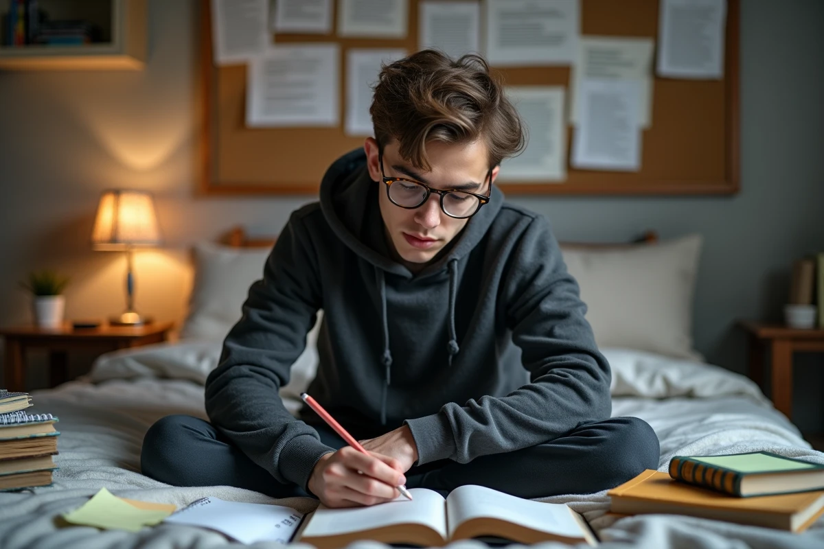 Étudiant en train d'analyser une strophe poétique de six vers dans sa chambre entourée de livres de poésie