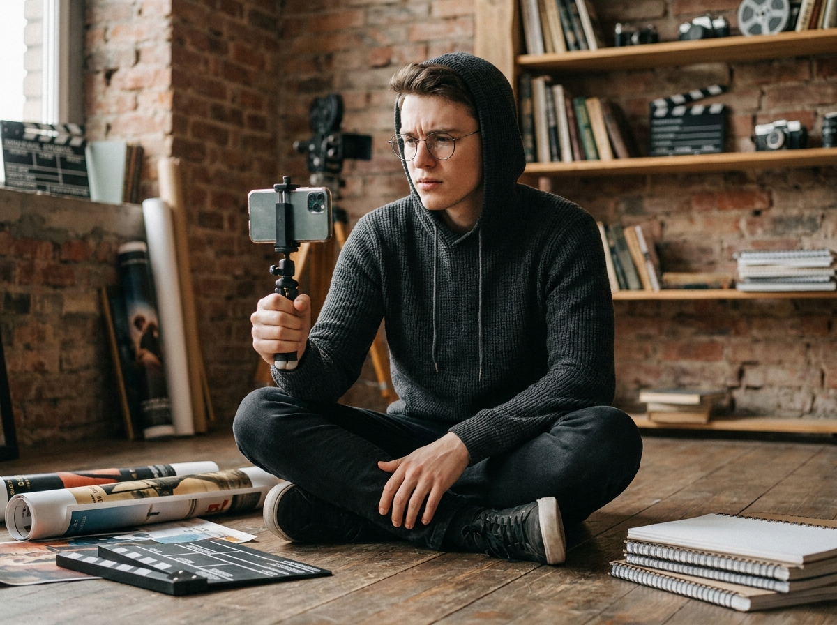 Étudiant en cinéma révisant ses rushes filmés au smartphone dans un studio créatif