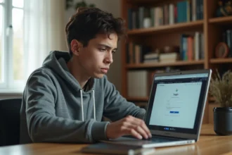 Étudiant frustré devant un écran d'ordinateur affichant une erreur de connexion ENT sigma