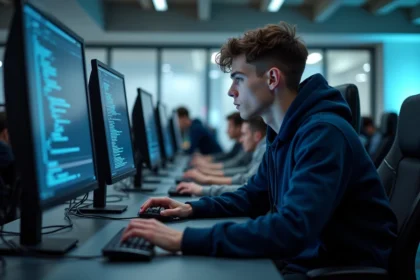 Étudiant en game design travaillant sur un poste informatique dans un campus spécialisé en gaming en 2026