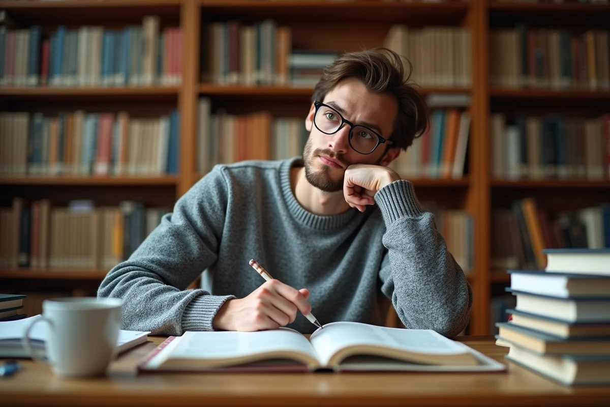 Étudiant en linguistique consultant un manuel de grammaire française sur la conjugaison du verbe connaître au passé simple dans une bibliothèque universitaire