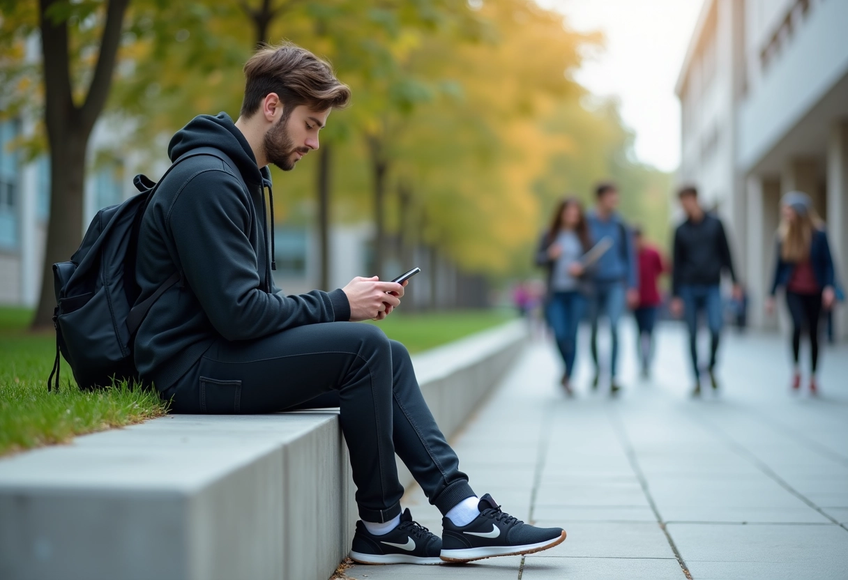 Étudiant masculin dehors sur un banc universitaire utilisant son smartphone