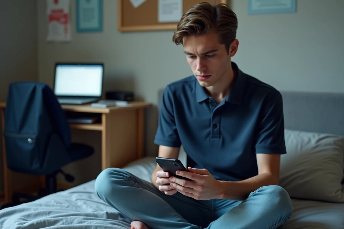 Jeune homme consultant son smartphone avec une erreur de connexion dans une chambre d'étudiant