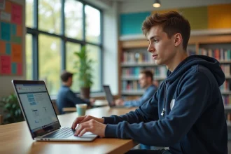 Jeune étudiant universitaire concentré sur son ordinateur portable