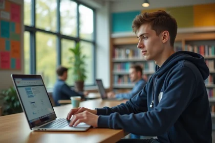 Jeune étudiant universitaire concentré sur son ordinateur portable