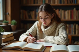 Étudiante annotant une strophe de poème dans une bibliothèque universitaire pour un commentaire de texte
