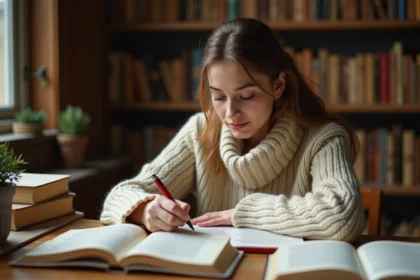 Étudiante annotant une strophe de poème dans une bibliothèque universitaire pour un commentaire de texte