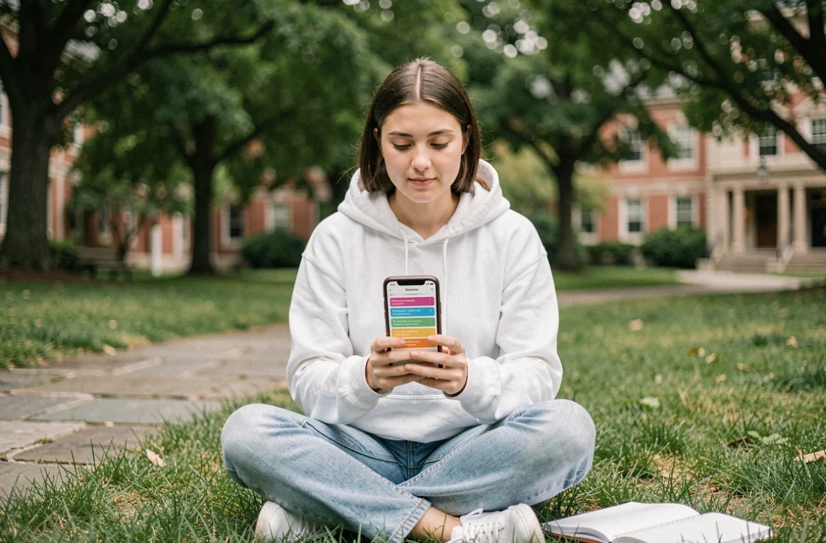 Étudiante utilisant une application de simulation de mémoire sur smartphone en plein air sur un campus universitaire